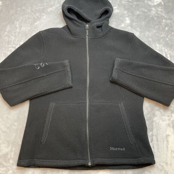 Marmot Fleece Hooded Jacket Womens S Black Embroidered Sleeve Gorpcore Winter - Picture 1 of 12